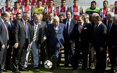 Palestinian Authority President Mahmoud Abbas at the La Cisterna Municipal Stadium during a visit with soccer club Deportivo Palestino, in Santiago, Chile, May 10, 2018.(AP Photo/Esteban Felix)
