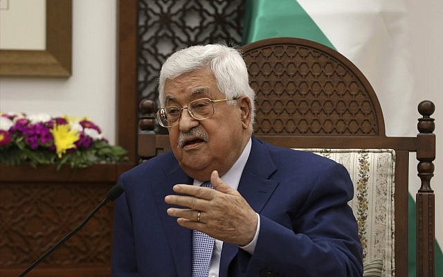 Palestinian Authority President Mahmoud Abbas in the West Bank city of Ramallah, June 27, 2018. (Alaa Badarneh/Pool Photo via AP)