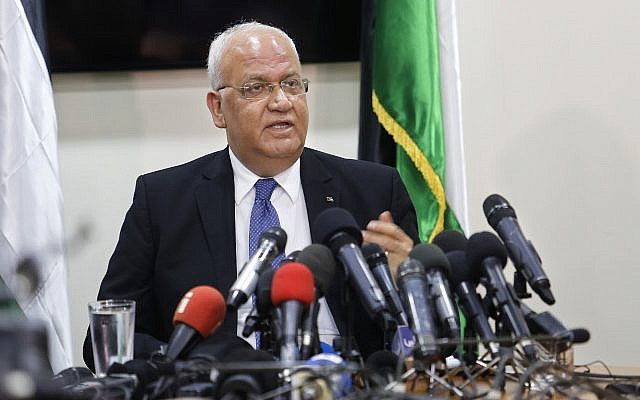 Top Palestinian negotiator Saeb Erekat speaks during at a press conference in the West Bank city of Ramallah, July 4, 2018. (AP Photo/Nasser Shiyoukhi)