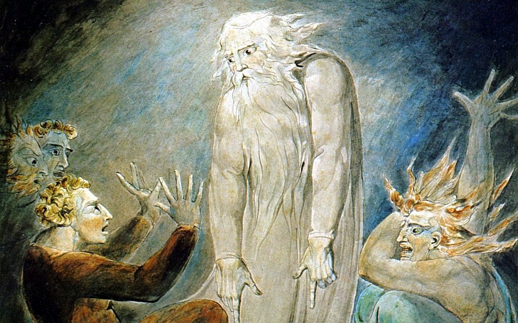 Detail from 'The Witch of Endor Raising The Spirit of Samuel,' by William Blake, circa 1800. Pen and watercolor on paper, 283 x 423 mm (Public domain, via wikipedia commons)