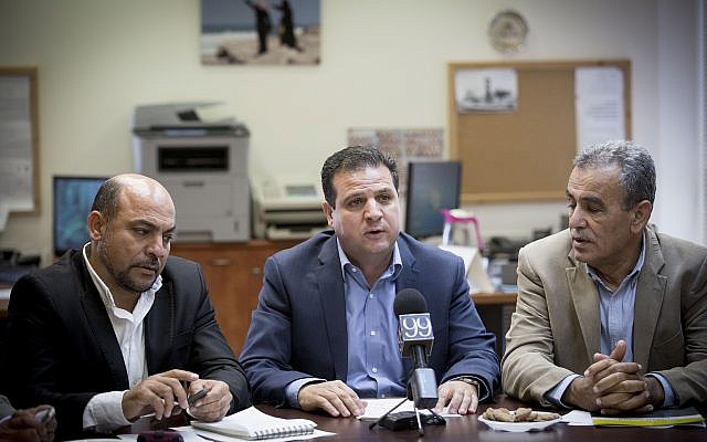 Joint (Arab) List leader Ayman Odeh (C) leads the party's weekly faction at the Knesset, October 31, 2016. (Miriam Alster/Flash90)