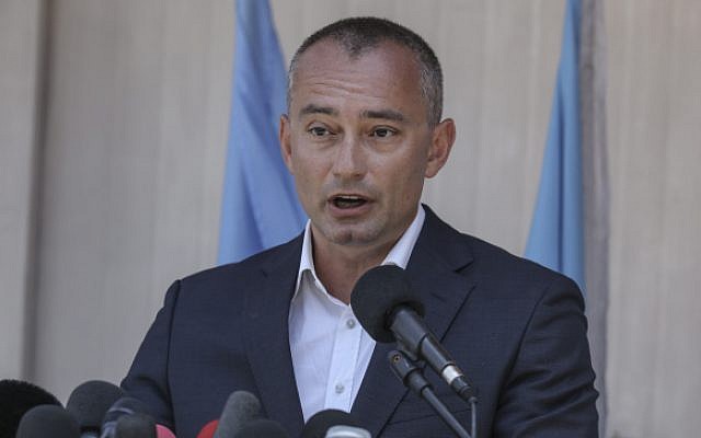 United Nations Special Coordinator for the Middle East Peace Process Nickolay Mladenov speaks at a press conference during a visit to the Gaza Strip on July 15, 2018. (Wissam Nassar/Flash90)