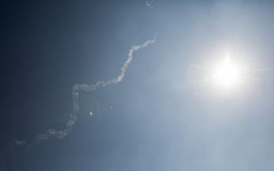 A smoke trail of a David's Sling interceptor missile is seen in northern Israel after the interceptor was fired toward a Syrian SS-21 missile, on July 23, 2018. (David Cohen/Flash90)