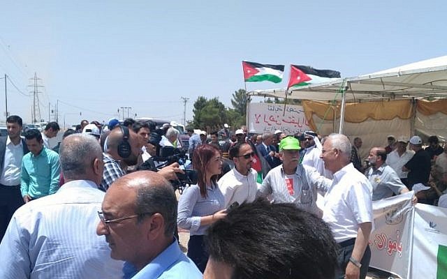 Jordanians take part in a protest in the city of Irbid against the agreement to import natural gas from Israel on July 25, 2018. (Times of Israel staff)