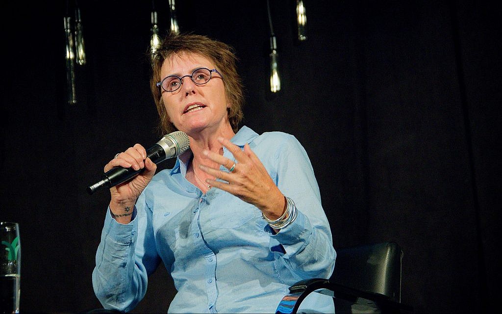 Terror attack survivor Kay Wilson describes the road to healing after the premier of 'Black Forest' as part of The Times of Israel Presents series at Beit Avi Chai, Jerusalem on July 7, 2018. (courtesy, Laura Ben-David)