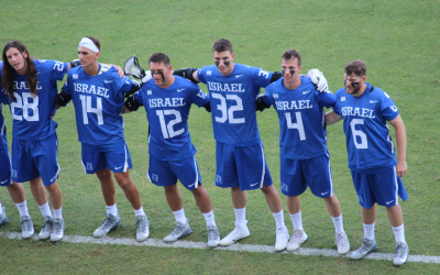 Members of Israel’s national lacrosse team sway to the country’s national anthem before a game at the World Lacrosse Championship in Netanya, Israel, July 2018.  (Hillel Kuttler via JTA)