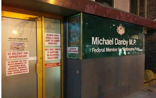 Melbourne office of Australian MP Michael Danby plastered with anti-Israel stickers on July 15, 2018. (Courtesy Anti-Defamation Commission)