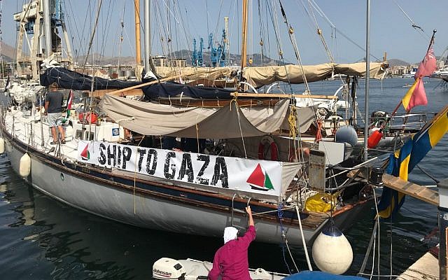 Illustrative: The 'Freedom,' a boat headed to the Gaza Strip in a flotilla defying Israel's blockade, July 2018 (screen capture: Press TV/Twitter)