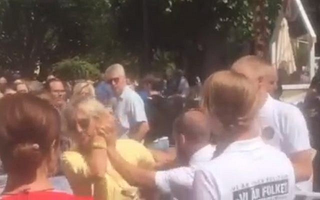 Members of the neo-Nazi Nordic Resistance Group attack pro-Israel activists in Gotland, Sweden in July 2018. (screen capture: Expressen)