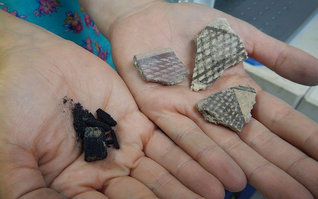 Pieces of pottery with unique decoration and wood branches from Tel Tsaf in the Jordan Valley that were discovered in July 2018. (courtesy)