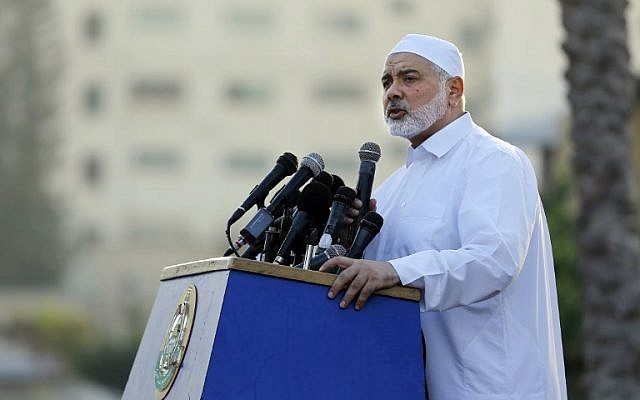 Hamas terror group leader Ismail Haniyeh delivers a speech on the first day of the Muslim Eid al-Adha holiday in Gaza City, the Gaza Strip, August 21, 2018. 
(Anas BABA/AFP)