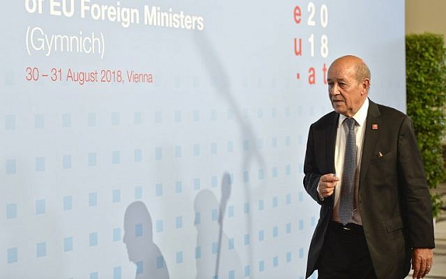 French Foreign Minister Jean-Yves Le Drian arrives for an informal meeting of EU foreign ministers in Vienna, Austria, on August 30, 2018. (AFP Photo/APA/Herbet Neubauer)