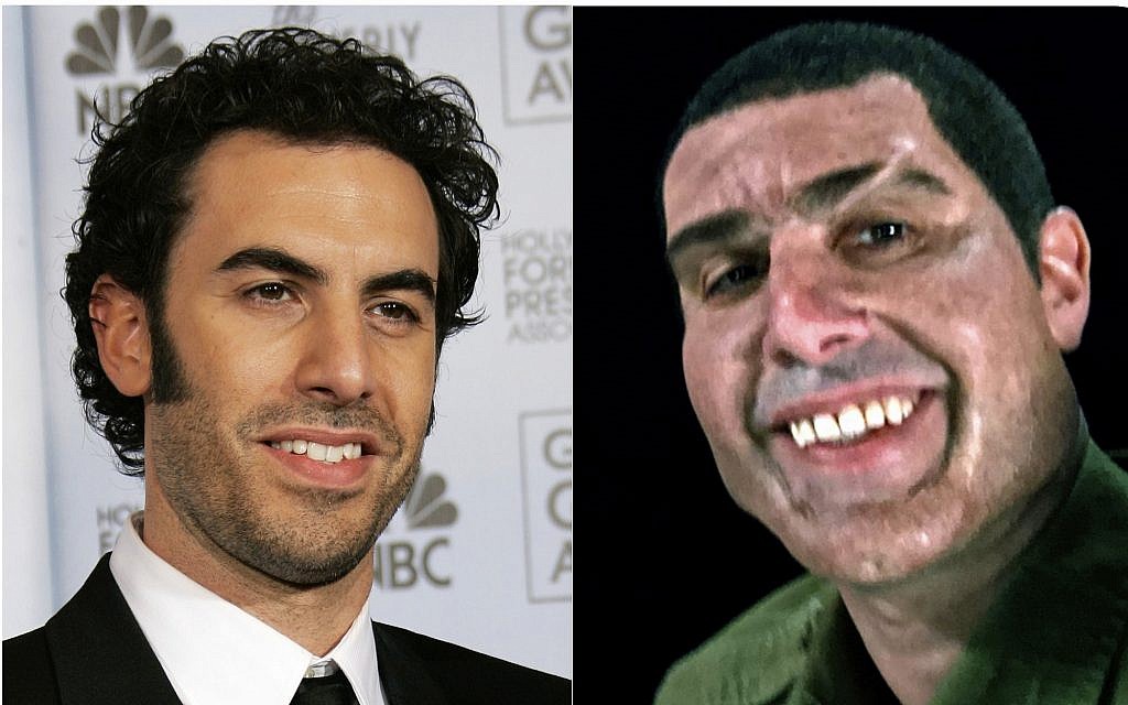 This combination photo shows Sacha Baron Cohen at the 64th Annual Golden Globe Awards in Beverly Hills, Calif., on January 15, 2007, left, and Cohen portraying retired Israeli Colonel Erran Morad in a still from the Showtime series, "Who Is America?" (AP Photo/Kevork Djansezian, left, and Showtime)