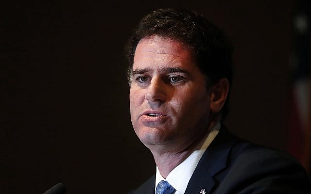 Ron Dermer, Israel's ambassador to the United States, speaks at the Economic Club of Detroit in Detroit, Michigan, on June 4, 2018. (AP Photo/Paul Sancya)