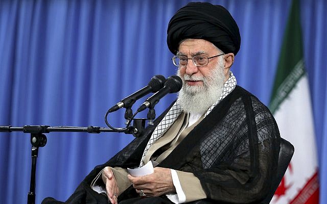 In this picture released by his office’s official website, Supreme Leader Ayatollah Ali Khamenei speaks at a meeting in Tehran, Iran, on August 13, 2018. (Office of the Iranian Supreme Leader via AP)
