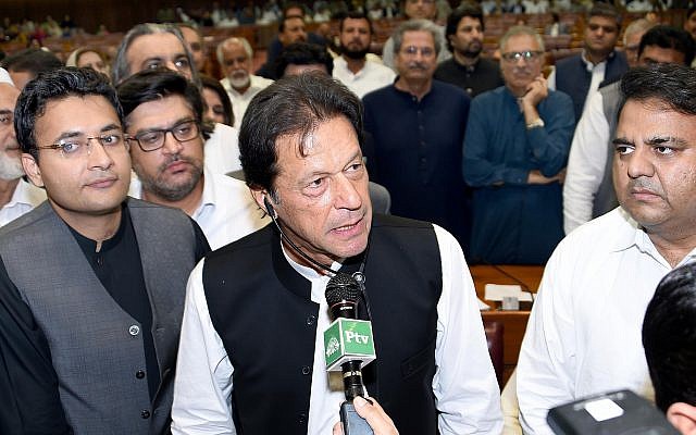 In this photo released by the National Assembly, the leader of Pakistan Tahreek-e-Insaf party Imran Khan, speaks at the National Assembly in Islamabad, Pakistan, on August 17, 2018 (National Assembly, via AP)
