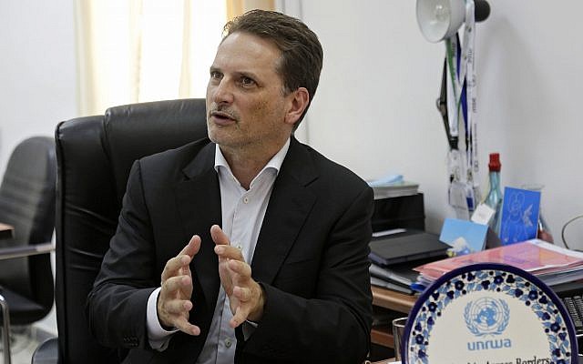 In this August 23, 2018 photo, the head of United Nations Relief and Works Agency for Palestine Refugees (UNRWA) Pierre Kraehenbuehl speaks during an interview with The Associated Press in Jerusalem (AP Photo/Mahmoud Illean)