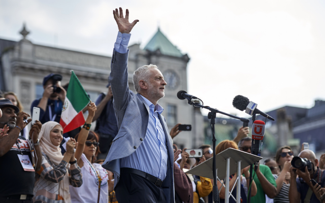 Jeremy Corbyn addresses the crowd in Trafalgar Square in London, England, July 13, 2018. (Niklas Hallen/AFP/Getty Images/via JTA)
