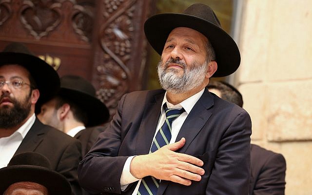 Leader of the ultra-Orthodox Shas party and Interior Minister Aryeh Deri at a ceremony in the city of Tiberias, May 24, 2018. (David Cohen/Flash90)