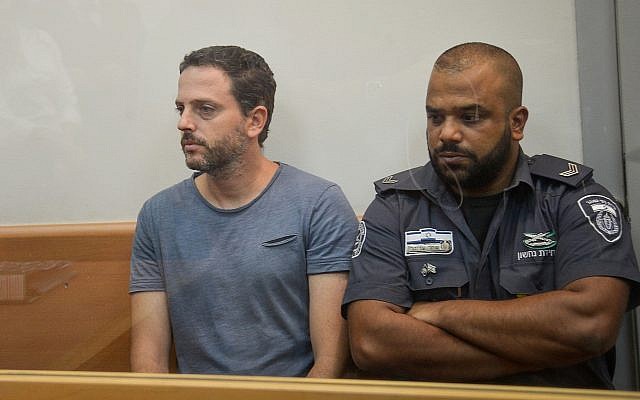 Beno Reinhorn, a handball coach who is allegedly accused of sexually abusing more than 140 girls vioa the internet, at the Rishon Lezion Magistrate's Court, August 20, 2018 (Flash90)