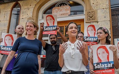 Supporters of Julia Salazar (center, in white) back the New York State Senate candidate at a news conference in Brooklyn, New York, on August 6, 2018. (Erik McGregor/Pacific Press/LightRocket via Getty Images)