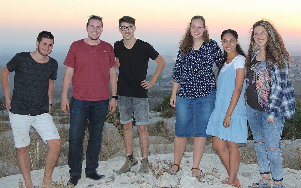 (From L-R) Shahar Glick, Shaun Vetshtein, Noam Hasson, Ayala Englander, Shay Nahum and Ofri Sela in the West Bank settlement of Peduel on July 18, 2018. (Jacob Magid/Times of Israel)