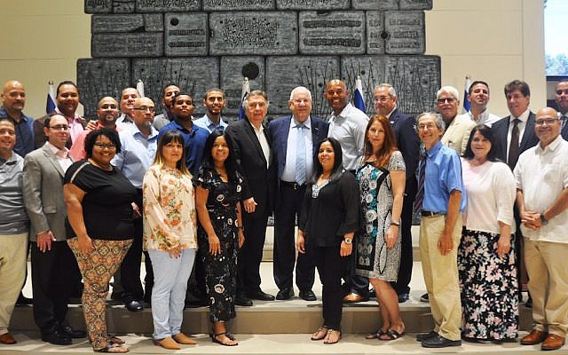 President Reuven Rivlin, center, with Mariano Rivera and other members of his church delegation in Jerusalem, July 31, 2018. (Office of President Rivlin)