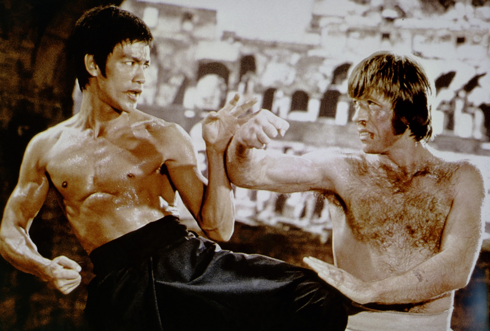 Bruce Lee with Chuck Norris in 'Way of the Dragon.' (Courtesy Matthew Polly)