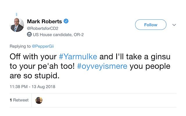 Jewish US congressional hopeful Mark Roberts has drawn fire for apparently anti-Semitic tweets. (Twitter via JTA)