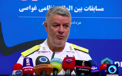 Navy Rear Admiral Hossein Khanzadi speaks at a Tehran press conference on July 31, 2019. (screen capture: YouTube/PressTV)