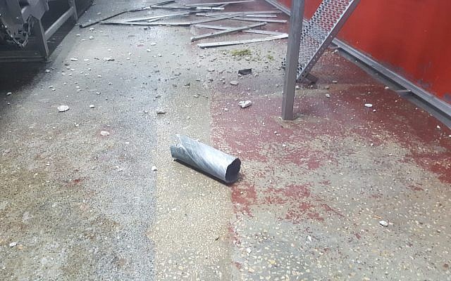A rocket fired from the Gaza Strip that struck a factory in the Sha'ar Hanegev region of southern Israel on August 8, 2018. (Israel Police)