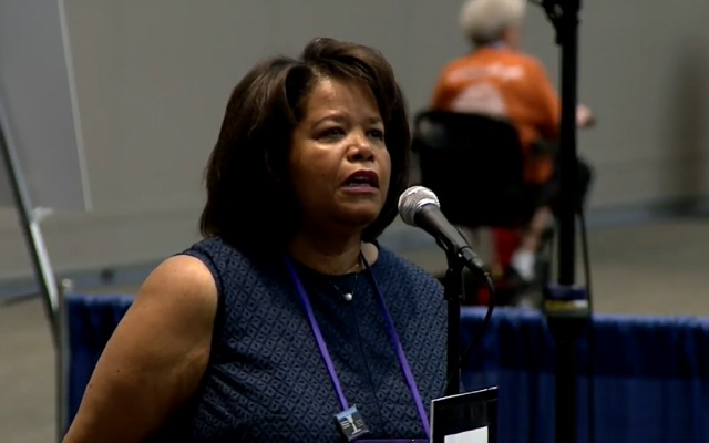Bishop Suffragen Gayle Harris of the Massachusetts diocese of the Episcopal Church at a church gathering, August 2018. (YouTube screen capture)