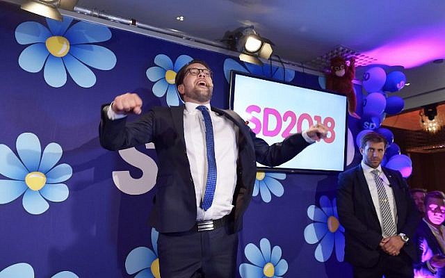 Jimmie Akesson of the Sweden Democrats speaks at an election party at the Kristallen restaurant in central Stockholm on September 9, 2018. (AFP Photo/TT News Agency/Anders Wiklund)