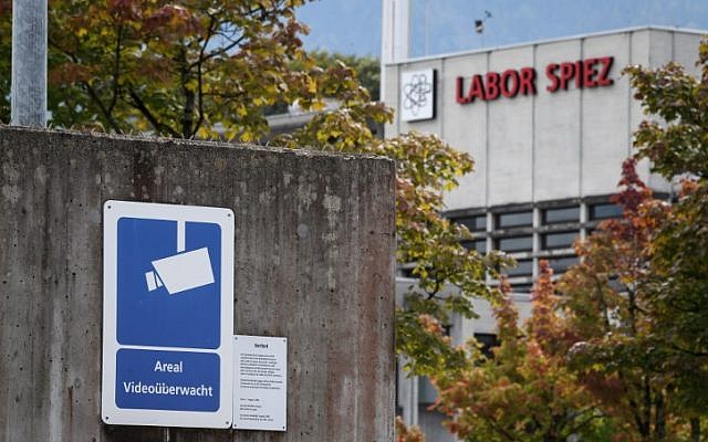 A sign warning of CCTV-controlled area is seen next to the Spiez Laboratory, Swiss Federal Institute for NBC-Protection (nuclear, biological, chemical), on September 14, 2018 in Spiez, 40km from the capital Bern (AFP PHOTO / Fabrice COFFRINI)