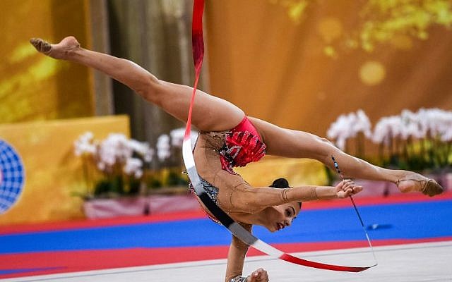 Israel's Linoy Ashram performs during the individual all-around final at the World Rhythmic Gymnastics Championships at Arena Armeec in Sofia on September 14, 2018 (AFP PHOTO / Dimitar DILKOFF)