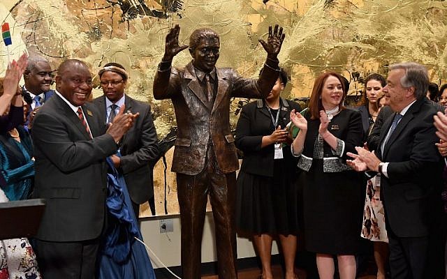 South Africa’s President Cyril Ramaphosa, UN General Assembly President Maria Fernanda Espinosa and Secretary-General of the United Nations Antonio Guterres attend the unveiling ceremony of the Nelson Mandela statue from the Republic of South Africa on September 24, 2018 at the United Nations in New York. (AFP PHOTO / Angela Weiss)