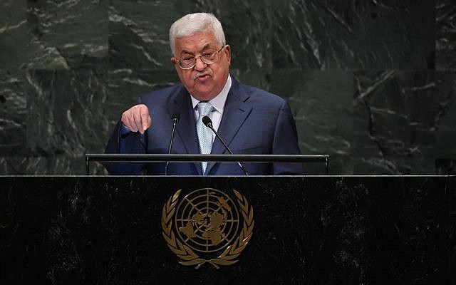 Palestinian Authority President Mahmoud Abbas addresses the 73rd session of the General Assembly at the United Nations in New York September 27, 2018. (TIMOTHY A. CLARY/AFP)