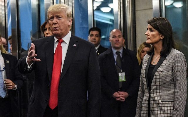 US President Donald Trump speaks to the media along with US Ambassador to the United Nations Nikki Haley upon arriving for the UN General Assembly on September 25, 2018, in New York. (Stephanie Keith/Getty Images/AFP)