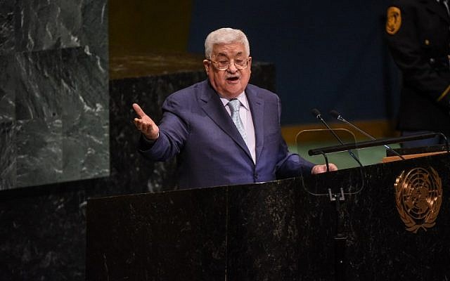 Palestinian Authority President Mahmoud Abbas delivers a speech to the United Nations General Assembly on September 27, 2018 in New York City. (Stephanie Keith/Getty Images/AFP)