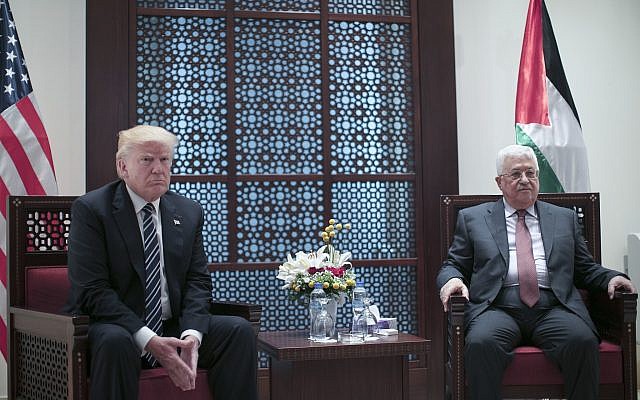 Palestinian Authority President Mahmoud Abbas, right, meets US President Donald Trump In the West Bank city of Bethlehem on May 23, 2017. (Fadi Arouri, Xinhua Pool via AP)