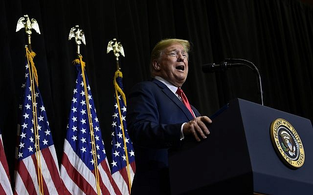 US President Donald Trump speaks during a fundraiser in Sioux Falls, South Dakota, September 7, 2018. (AP/Susan Walsh)