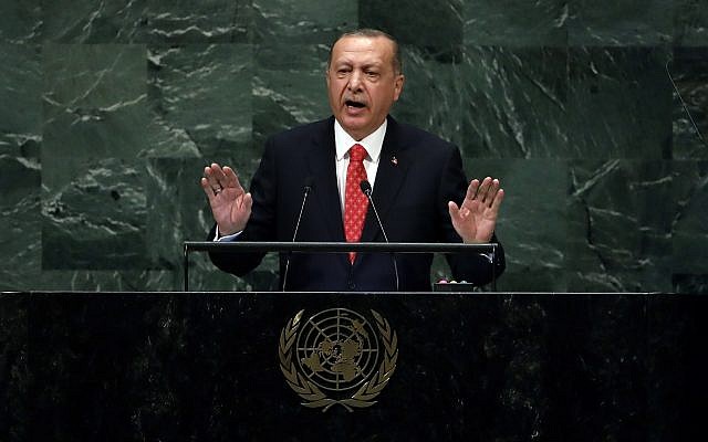 Turkey's President Recep Tayyip Erdogan addresses the 73rd session of the United Nations General Assembly, at UN headquarters, September 25, 2018. (AP Photo/Richard Drew)