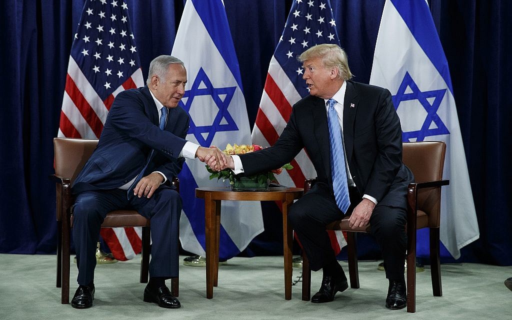 US President Donald Trump shakes hands with Prime Minister Benjamin Netanyahu at the United Nations General Assembly on September 26, 2018, at UN Headquarters. (AP Photo/Evan Vucci/File)