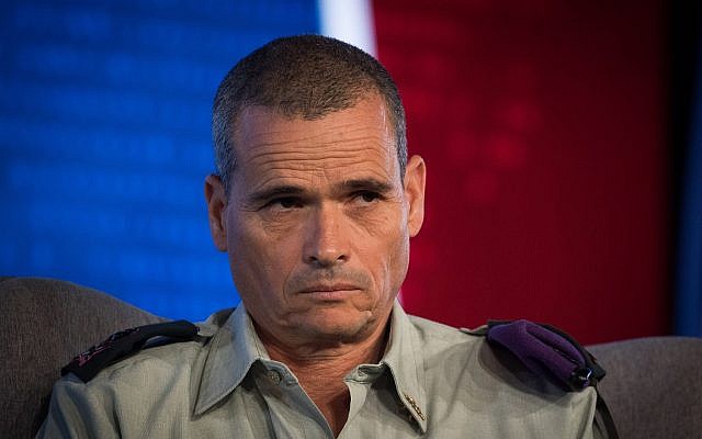 Major General Yoel Strick, Commander of the Northern Command, at a conference of the Israeli Television News Company in the Jerusalem International Convention Center (ICC) on September 3, 2018. (Yonatan Sindel/Flash90)