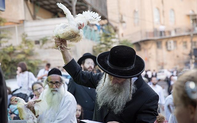 Ultra-Orthodox Jews perform the kaparot ritual on September 16, 2018, in the ultra-
Orthodox neighborhood of Mea Shearim, in Jerusalem.  (Noam Revkin Fenton/Flash90)