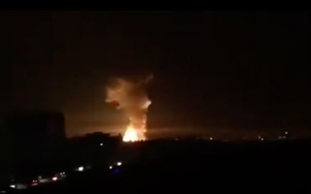 Explosions seen in the Syrian city of Latakia after an attack on a military facility nearby on September 17, 2018. (Screen capture: Twitter)