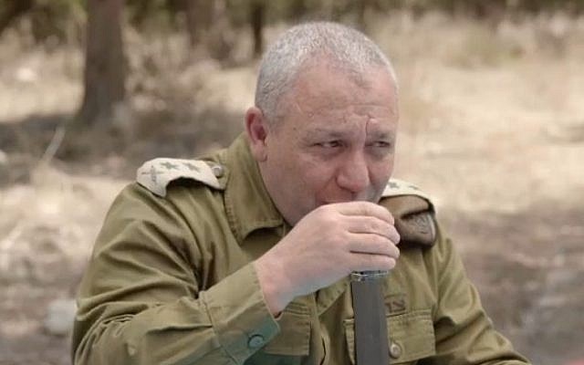 IDF Chief of Staff Gadi Eisenkot drinks coffee during an interview, September 6, 2018 (Facebook video screenshot)