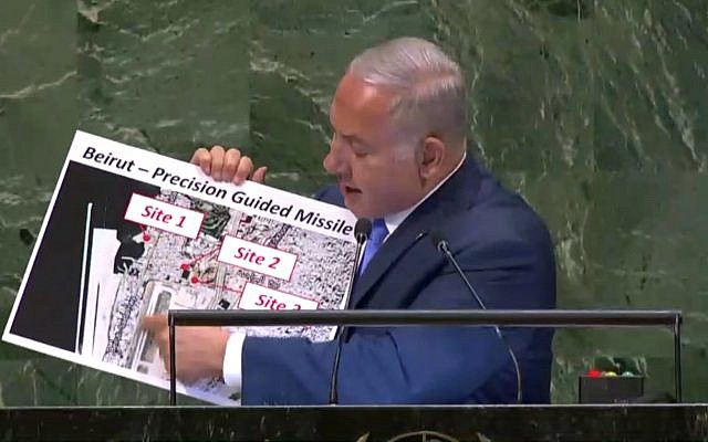 Screen capture from video of Prime Minister Benjamin Netanyahu showing a diagram of what he said was Hezbollah terror group sites near Beirut during his address to the 73rd UN General Assembly in New York, September 27, 2018. (United Nations)