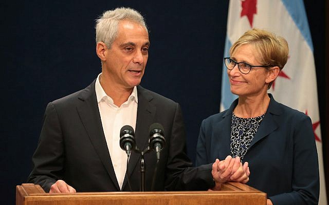 With wife Amy Rule by his side, Chicago Mayor Rahm Emanuel announces Tuesday, September 4, 2018 he will not seek a third term in office at a press conference on the 5th floor at City Hall in Chicago. (Stacey Wescott/Chicago Tribune/TNS via Getty Images/via JTA)