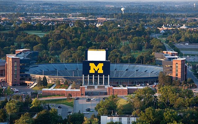 An aerial view of Michigan Stadium as the sun rises on the University of Michigan campus. (University of Michigan/Flickr via JTA)
